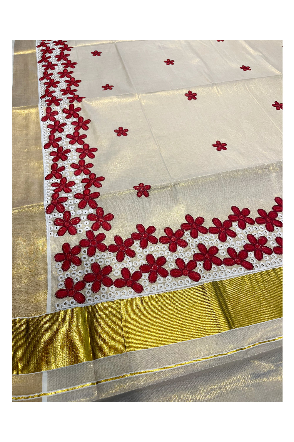 Kerala Tissue Kasavu Saree with Red Floral Embroidery Works