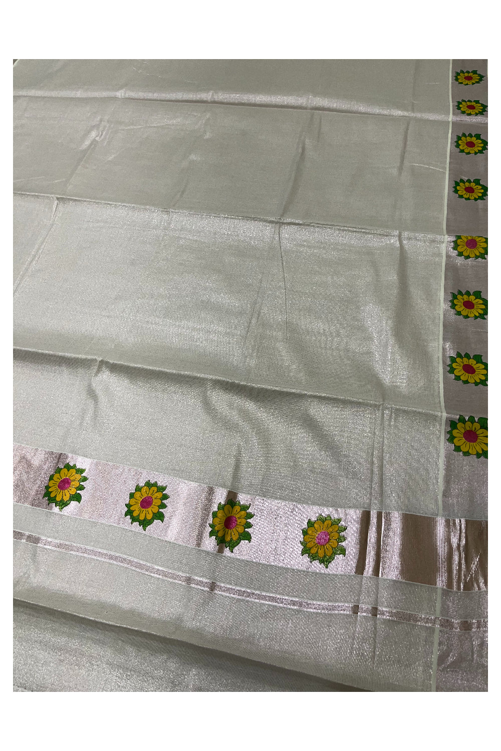 Kerala Silver Tissue Kasavu Saree with Floral Prints on Border and Pallu (Onam 2024 Collection)