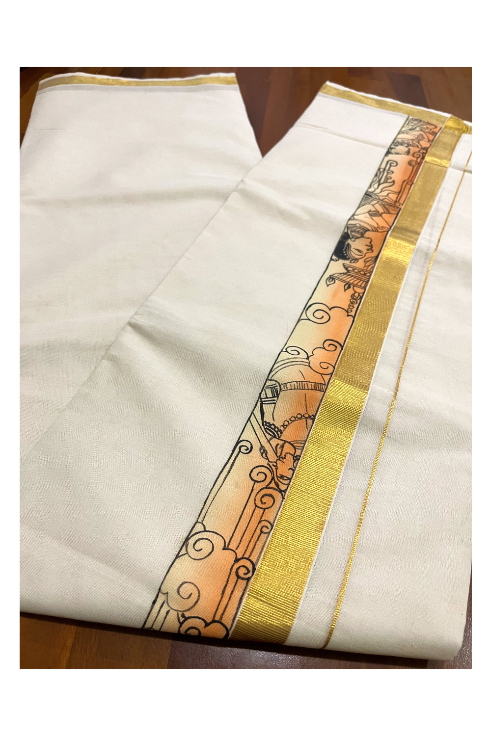 Pure Cotton Kasavu Mundu with Mural Hand Painted Border (Onam Mundu 2023)