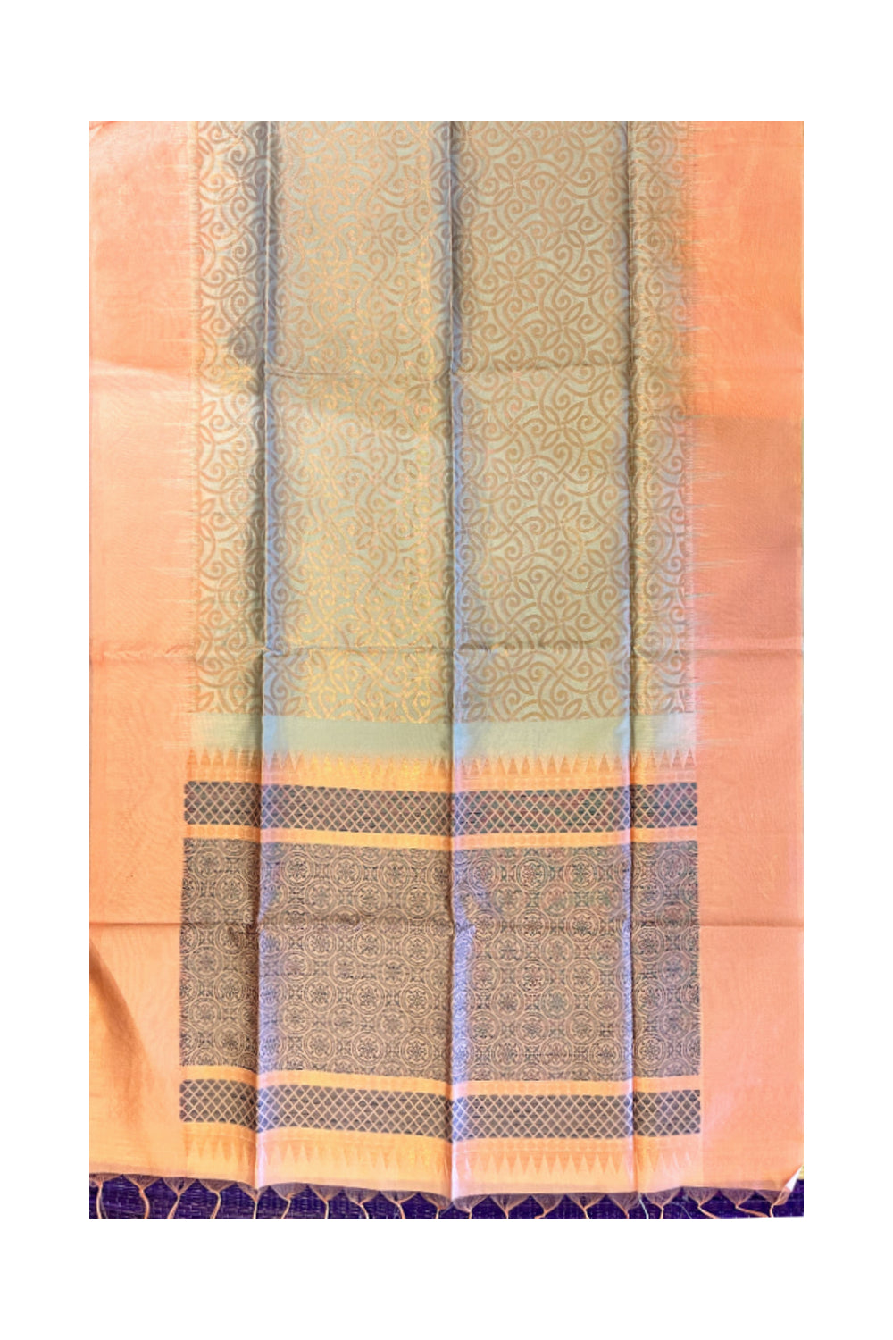 Southloom Semi Tussar Turquoise Woven Saree with Peach Border