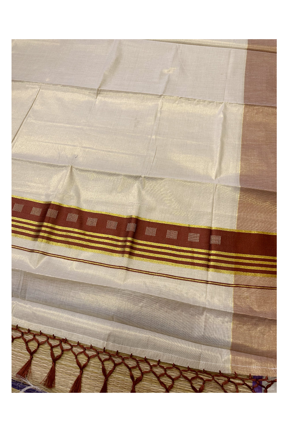 Kerala Tissue Saree with Kasavu Brown Border and Tassels Works on Pallu (Onam Saree 2023)