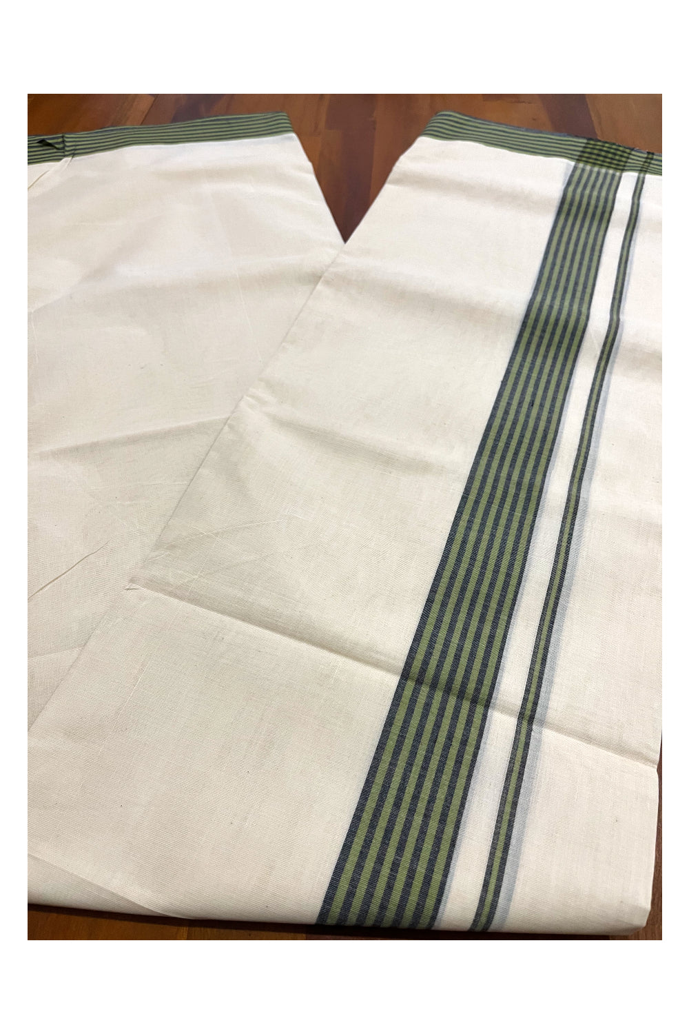 Pure Cotton Off White 100x100 Double Mundu with Green Black Border (South Indian Kerala Dhoti)