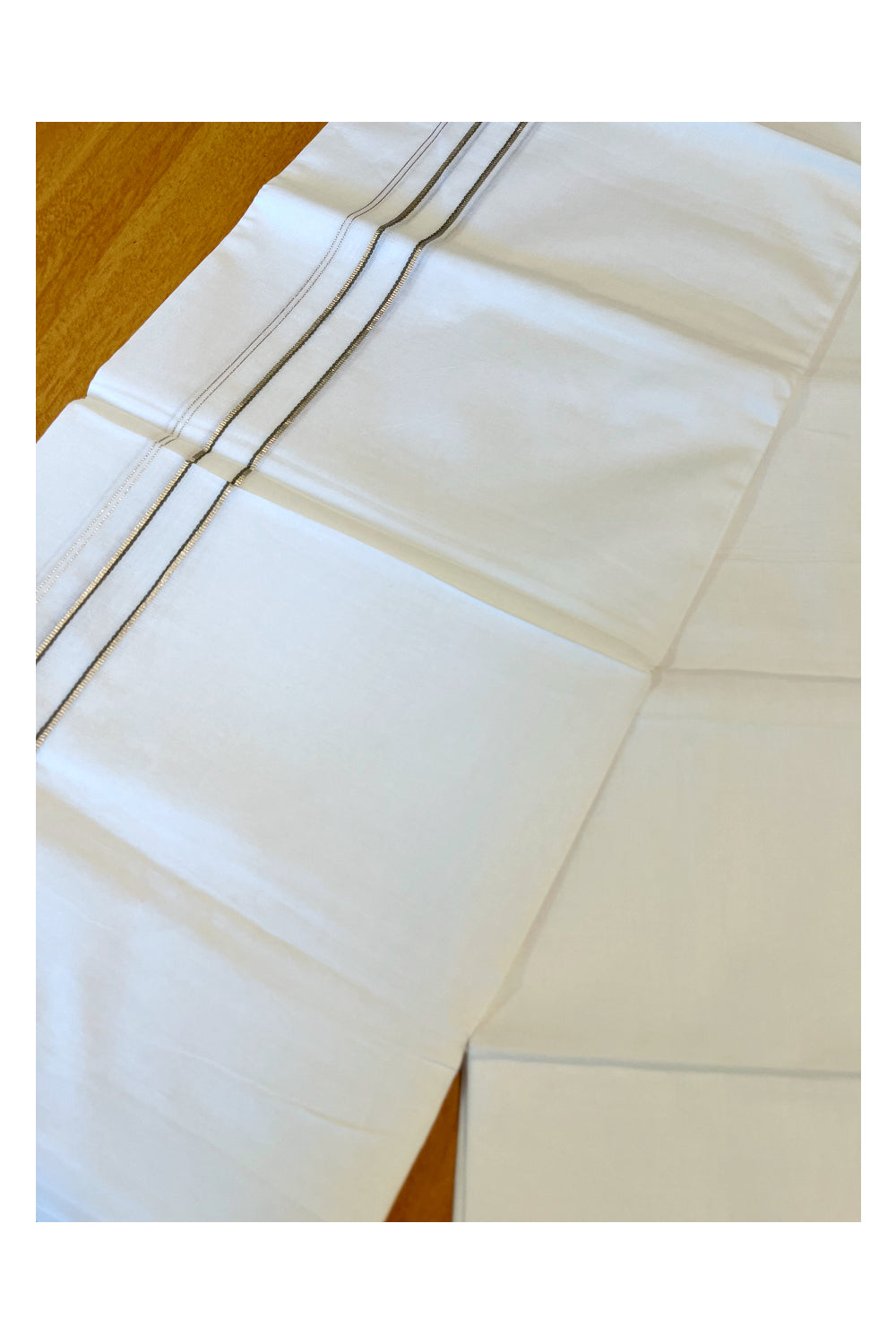 Pure White Cotton Double Mundu with Silver Grey Chutti Kara (South Indian Kerala Dhoti)