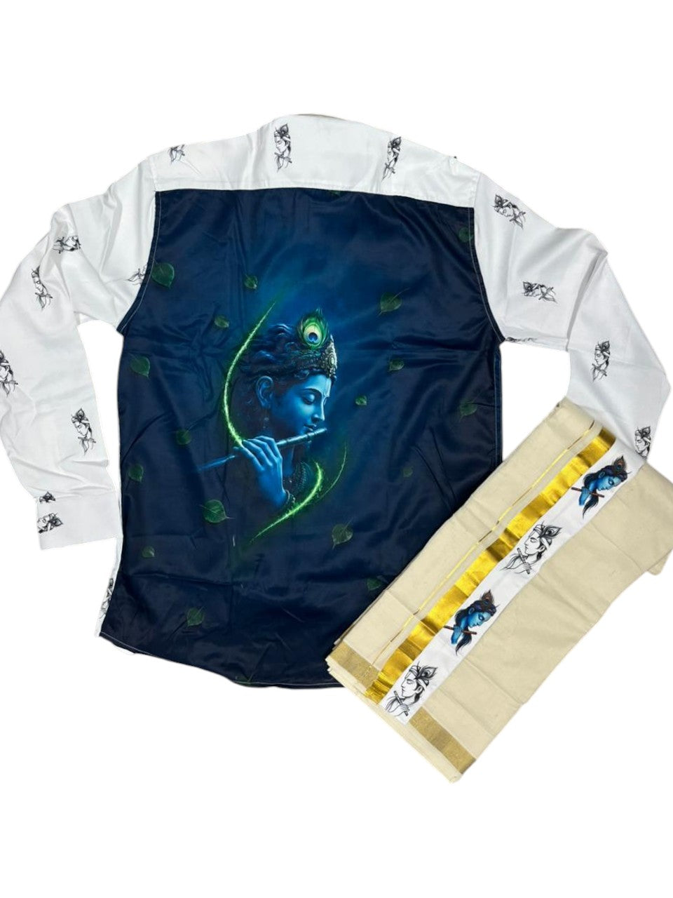 Southloom Premium Satin Krishna Digital Printed Design Men's Combo  (Shirt + Mundu) SL576