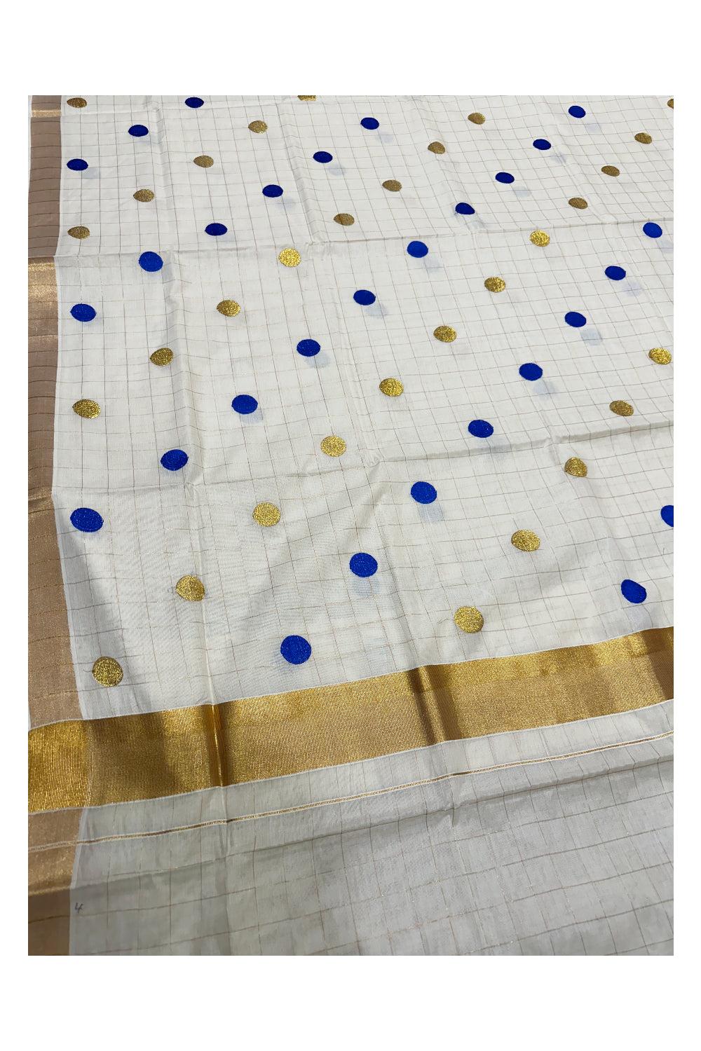 Southloom Kerala Check Saree with Woven Polka Dots in Kasavu and Blue Colour