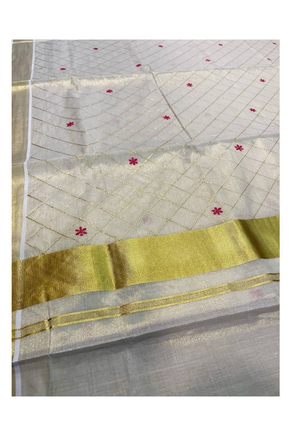 Kerala Tissue Kasavu Check Saree with Pink Flower Embroidery Works