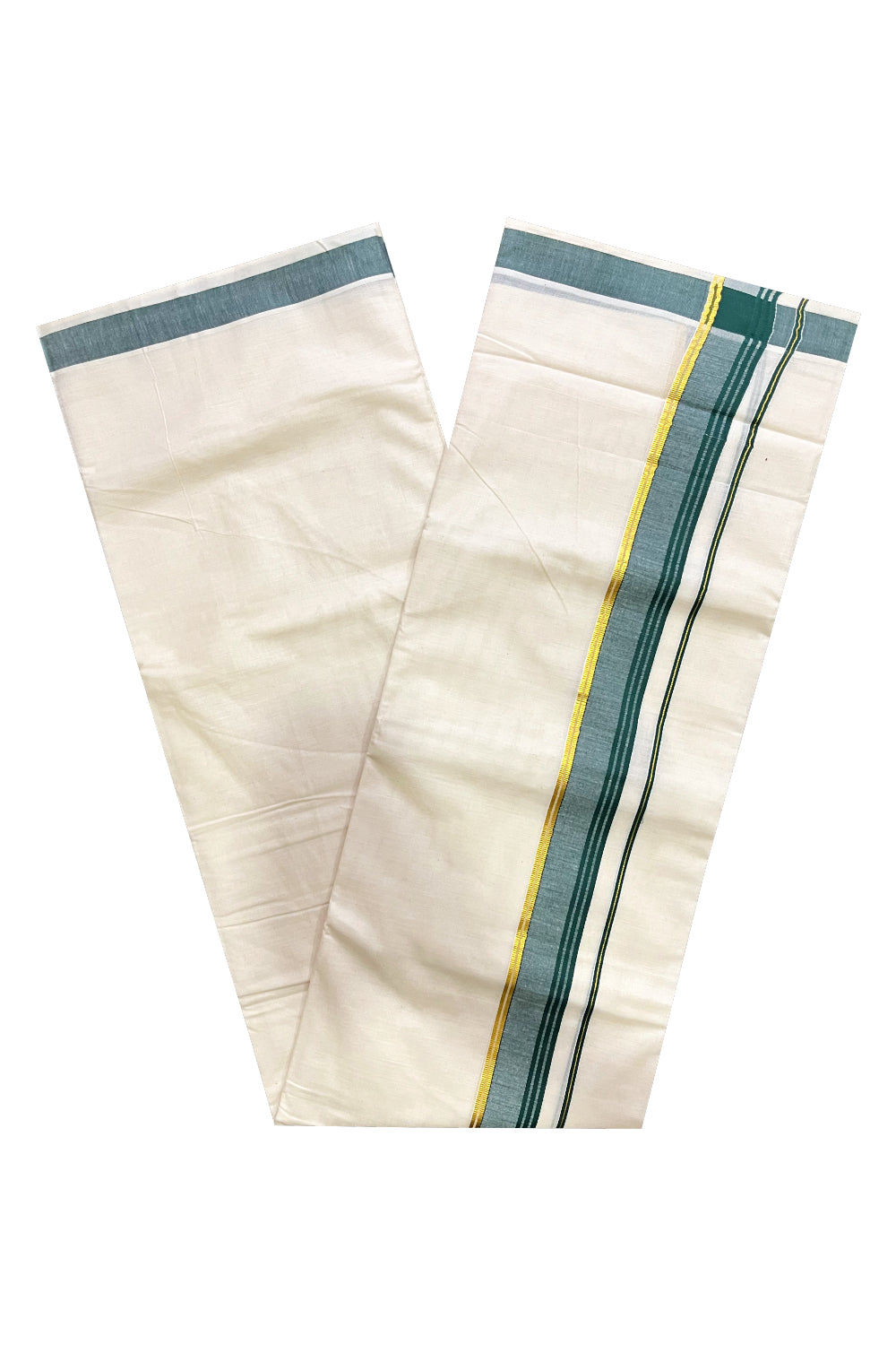 Off White Kerala Cotton Double Mundu with Kasavu and Dark Green Border (South Indian Kerala Dhoti)