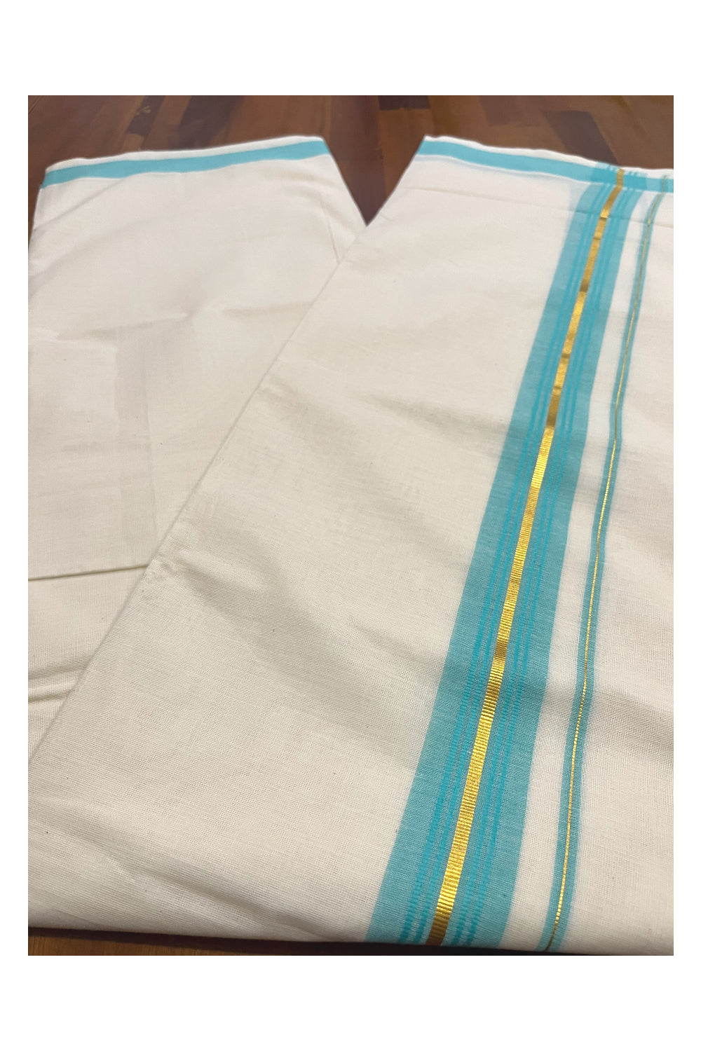 Pure Cotton Kerala Double Mundu with Turquoise and Kasavu Kara (South Indian Kerala Dhoti)