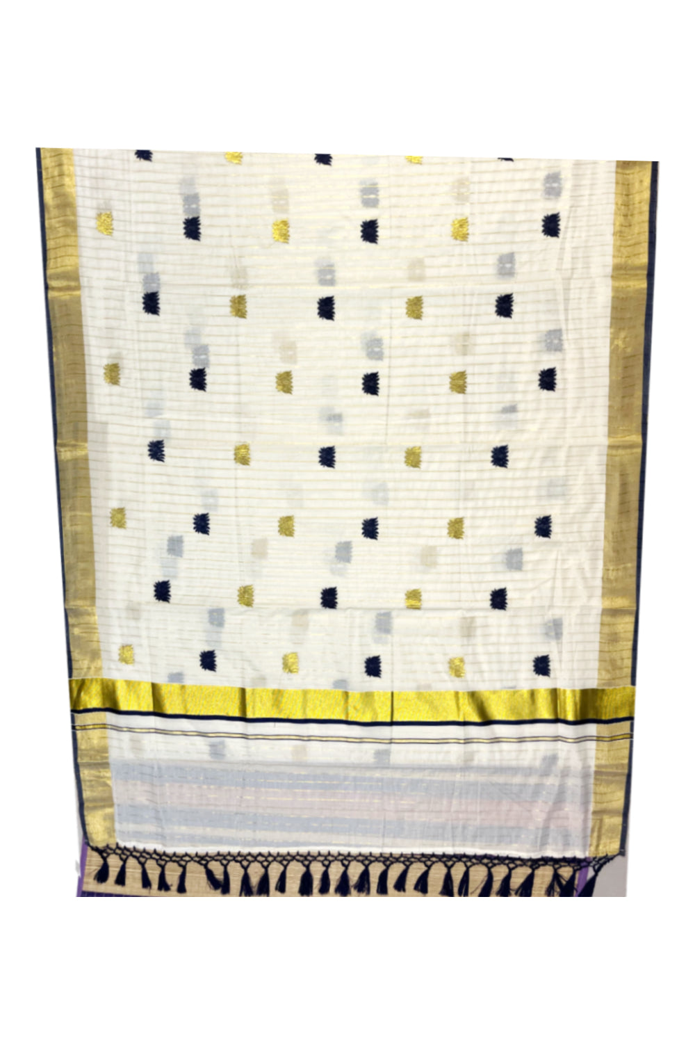 Kerala Cotton Kasavu Lines Saree with Blue And Golden Lotus Embroidery Works