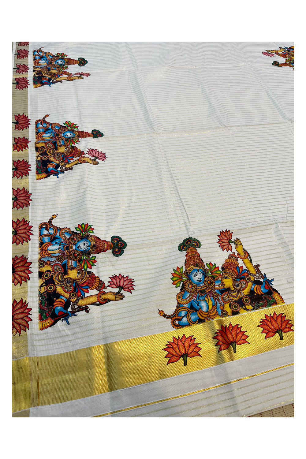 Pure Cotton Kerala Kasavu Lines Design and Krishna Radha Mural Work Saree and Printed Border