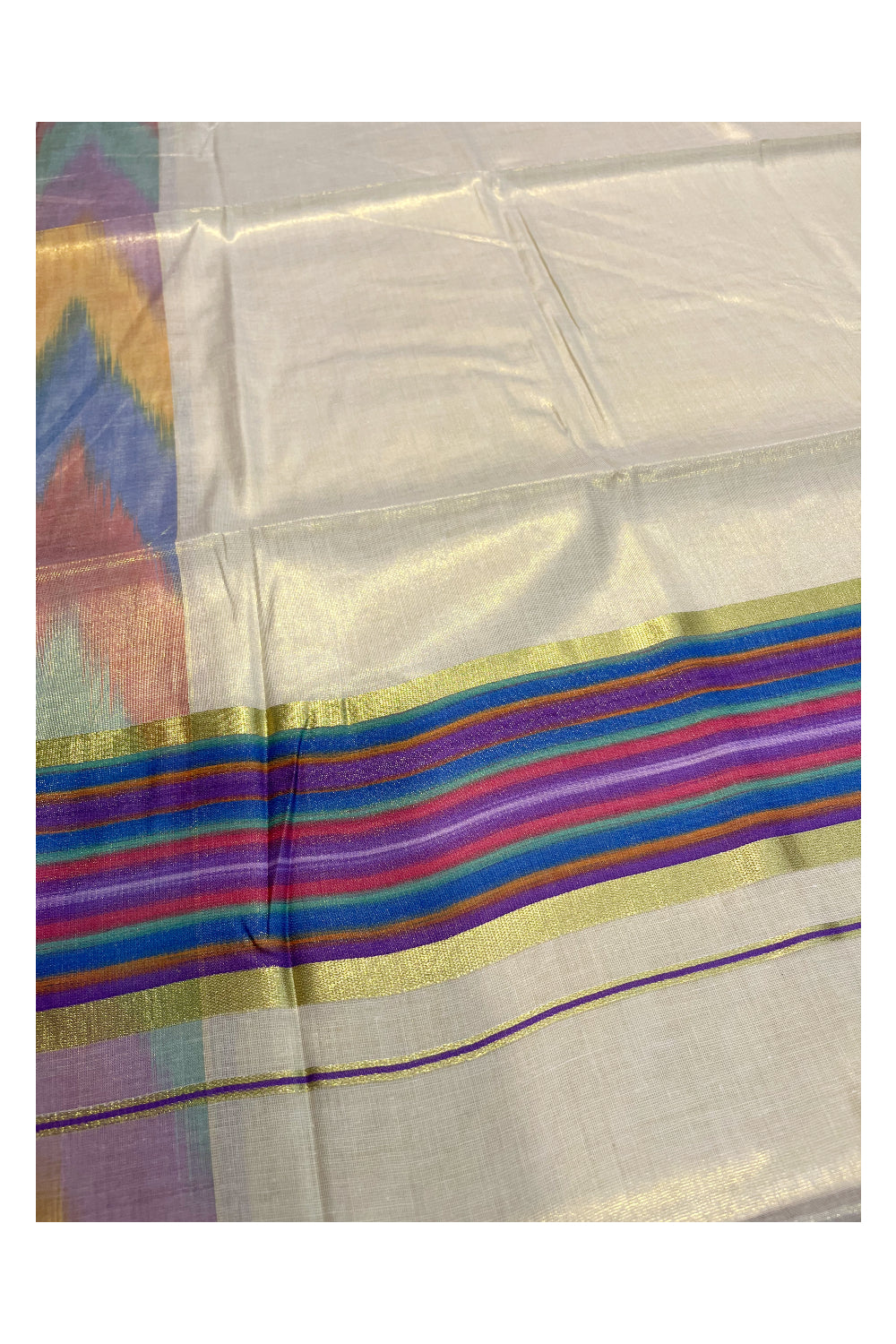 Southloom Kerala Tissue Kasavu Saree with Multi Colour Pochampally Design on Borders and Kara