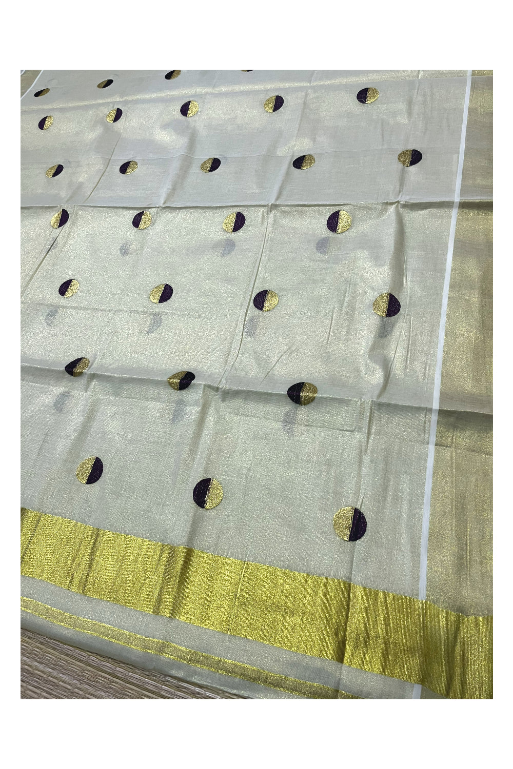 Kerala Tissue Kasavu Saree with Purple Golden Polka Works Across Body (Onam Saree 2023)