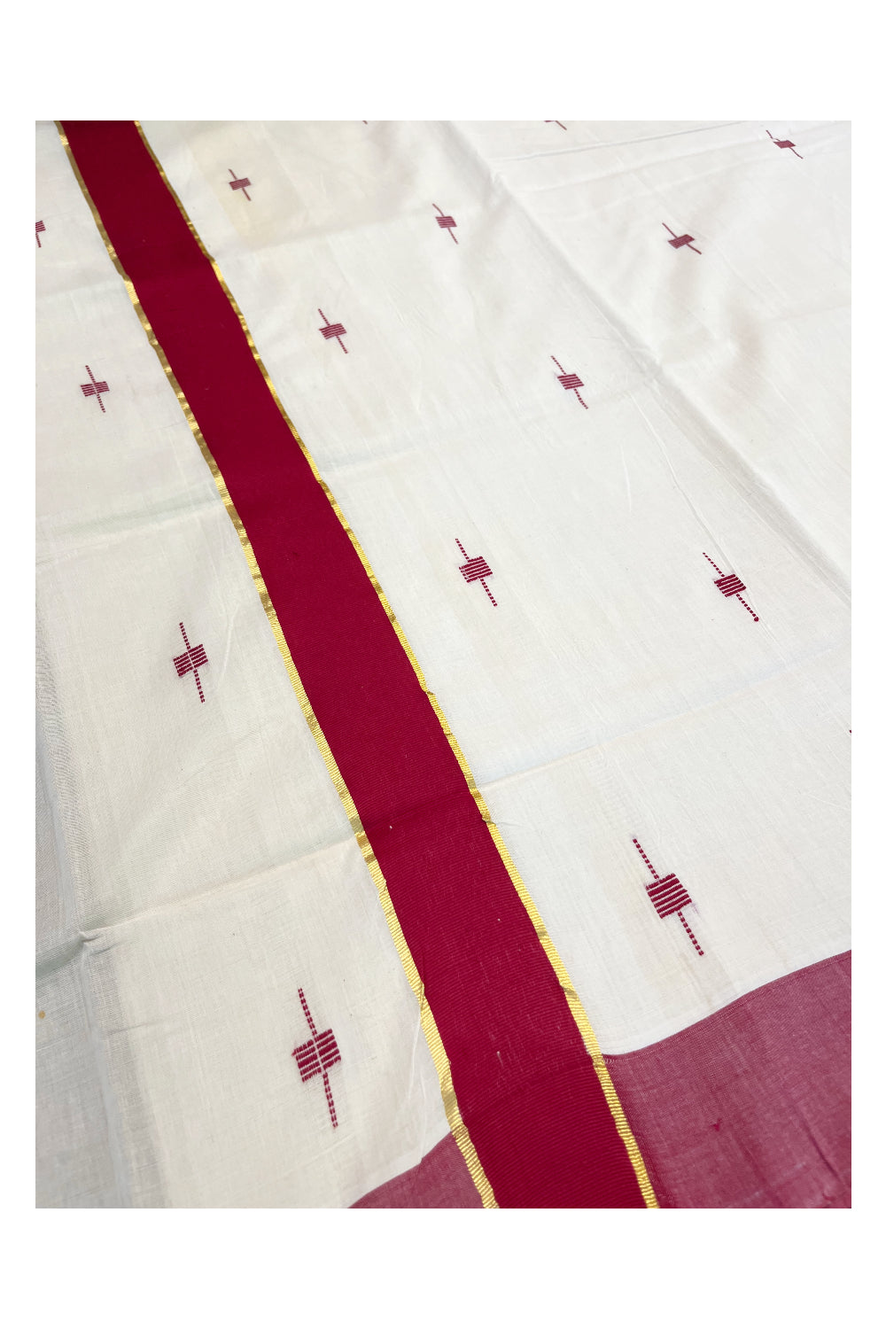 Southloom Premium Balaramapuram Unakkupaavu Handloom Cotton Butta Saree with Red and Kasavu Border