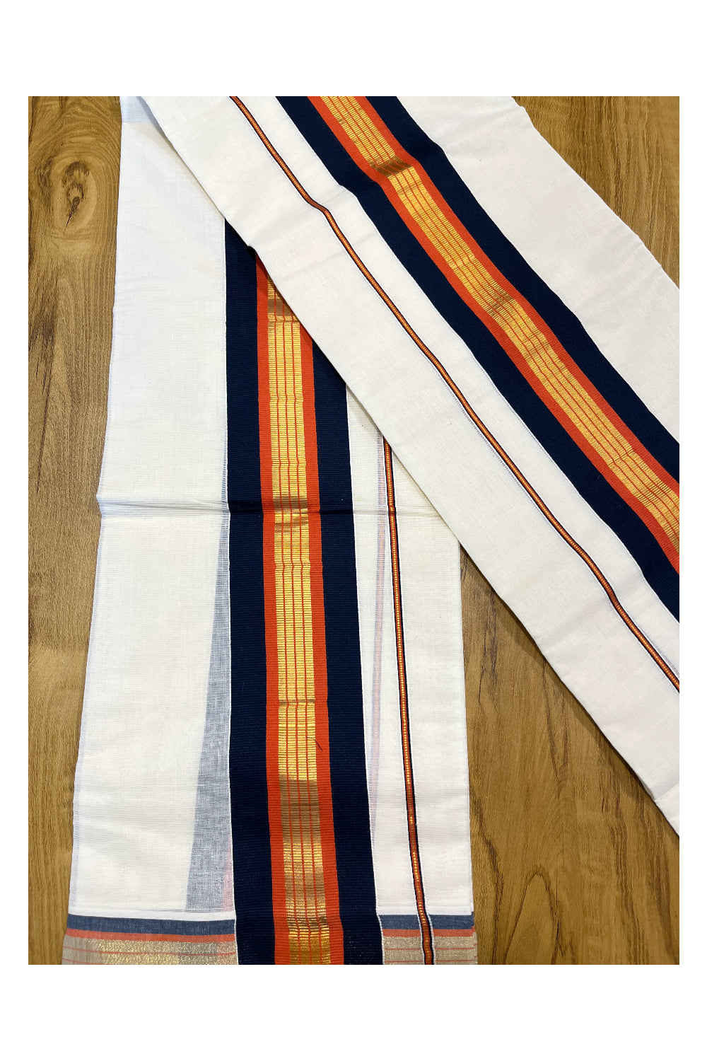 Kerala Cotton Kasavu Set Mundu (Mundum Neriyathum) with Blue and Orange Border 2.80 Mtrs