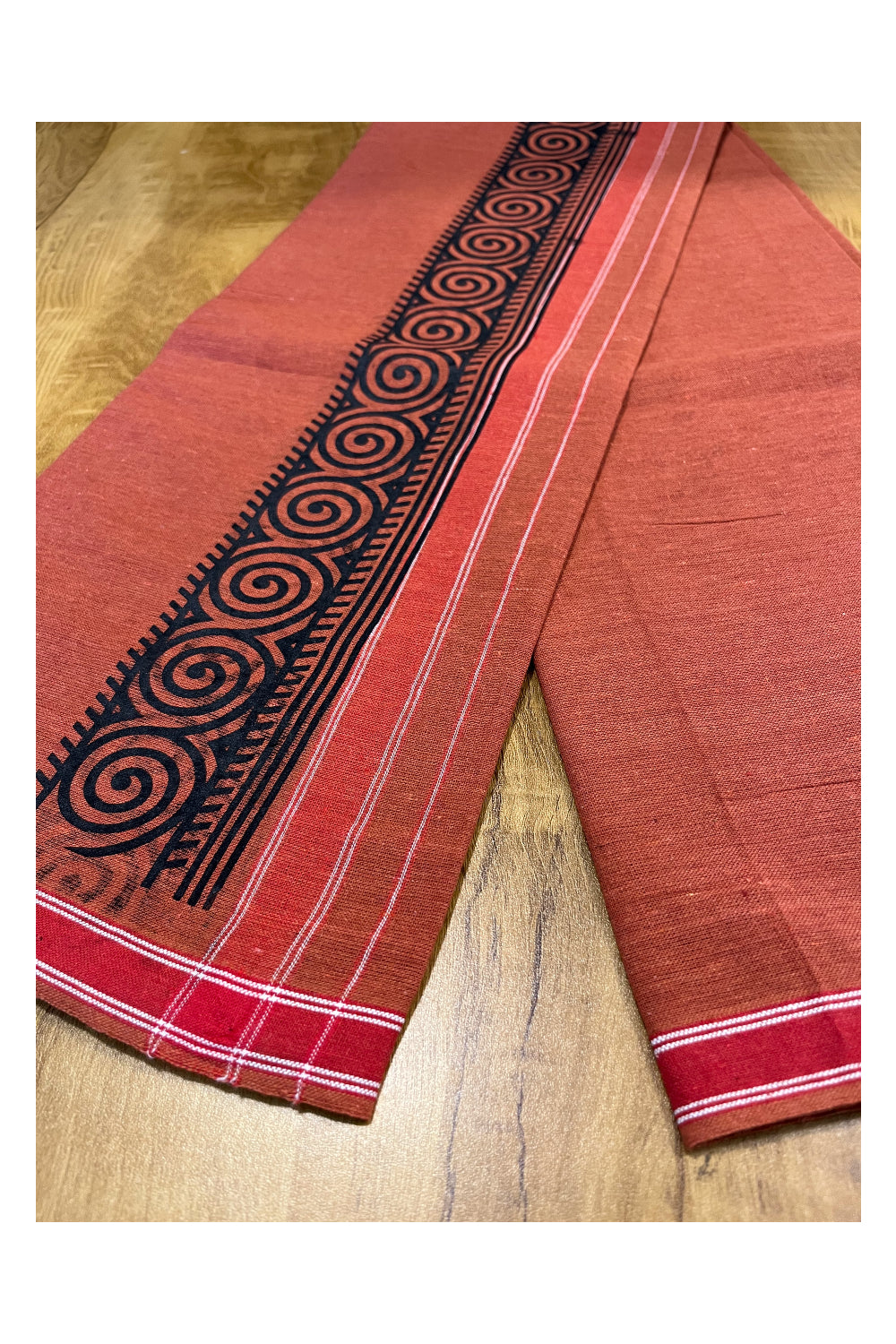 Southloom Saffron (Kaavi) Black Printed Single Mundu / Lungi (South Indian Kerala Dhoti)