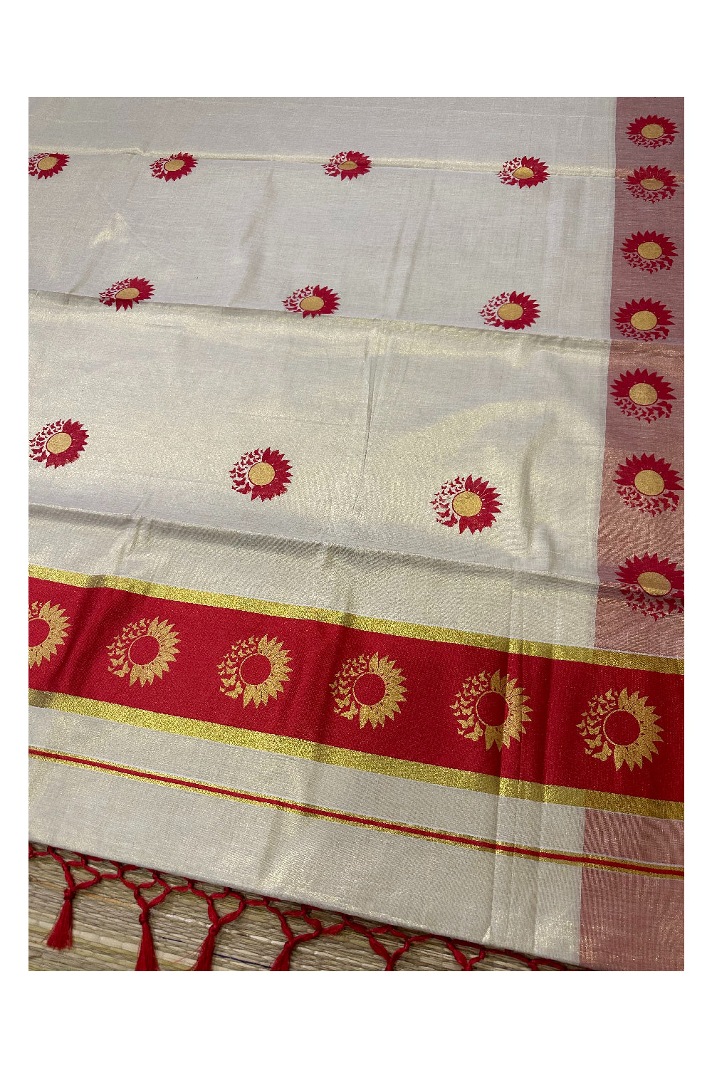 Kerala Tissue Kasavu Saree with Red and Golden Block Prints on Border (Onam Saree 2023)