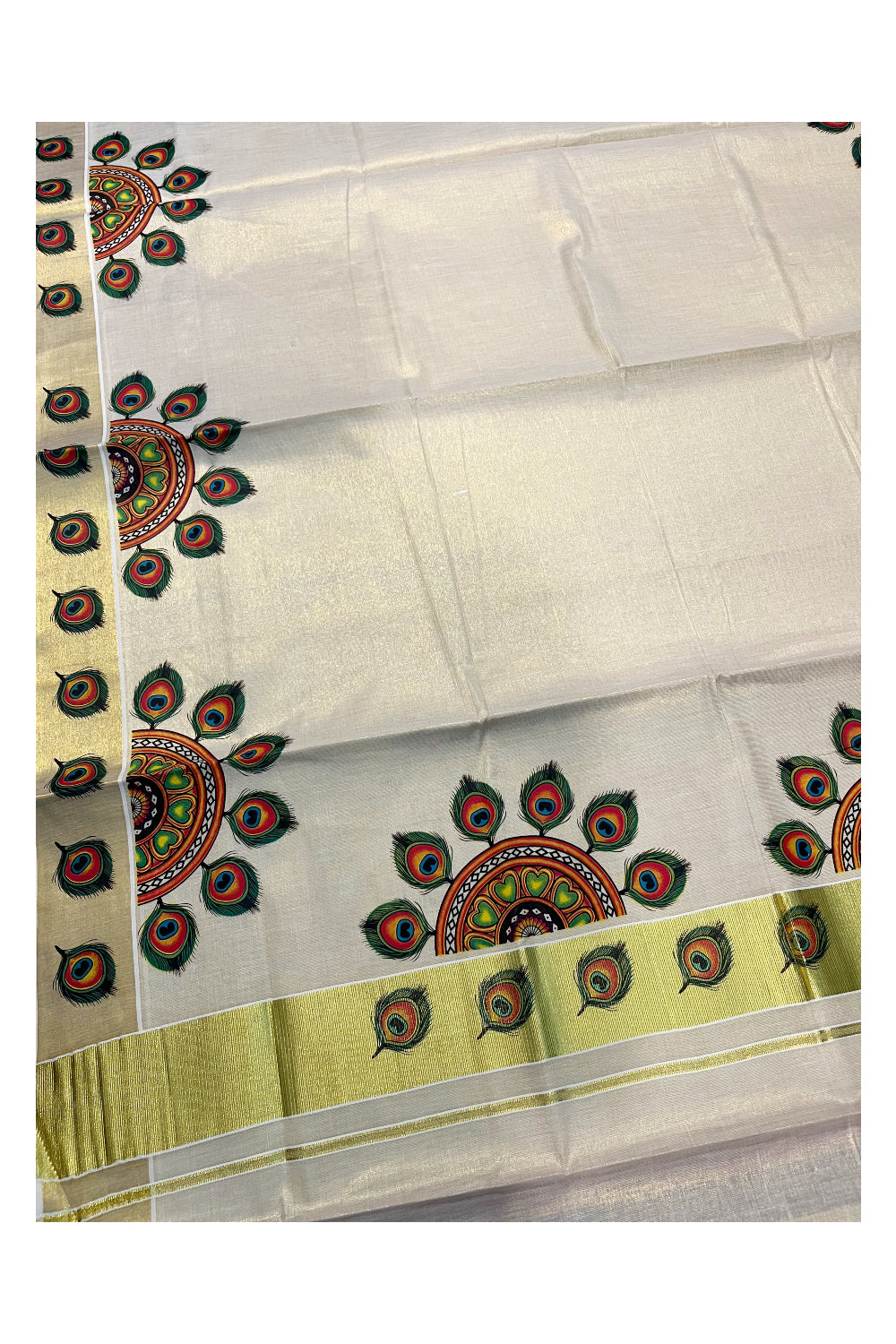 Southloom Kerala Tissue Kasavu Saree With Peacock Leaf Mural Printed