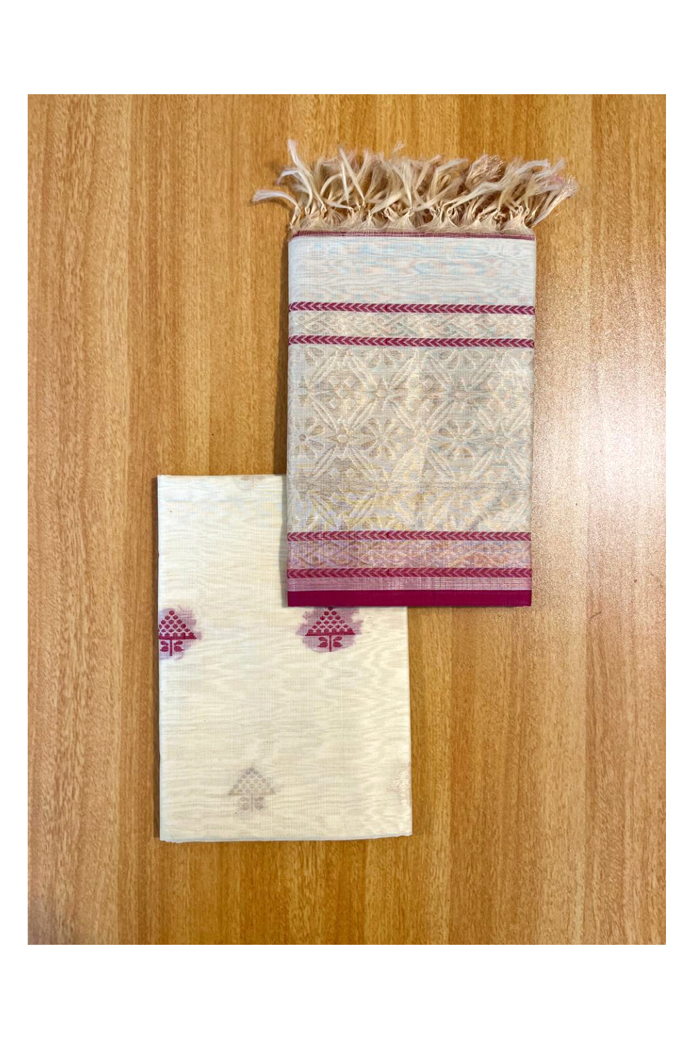 Southloom™ Original Handloom Cotton Pure Silk 3 Piece Cream and Pink Salwar Material with Woven Zari Butta Work