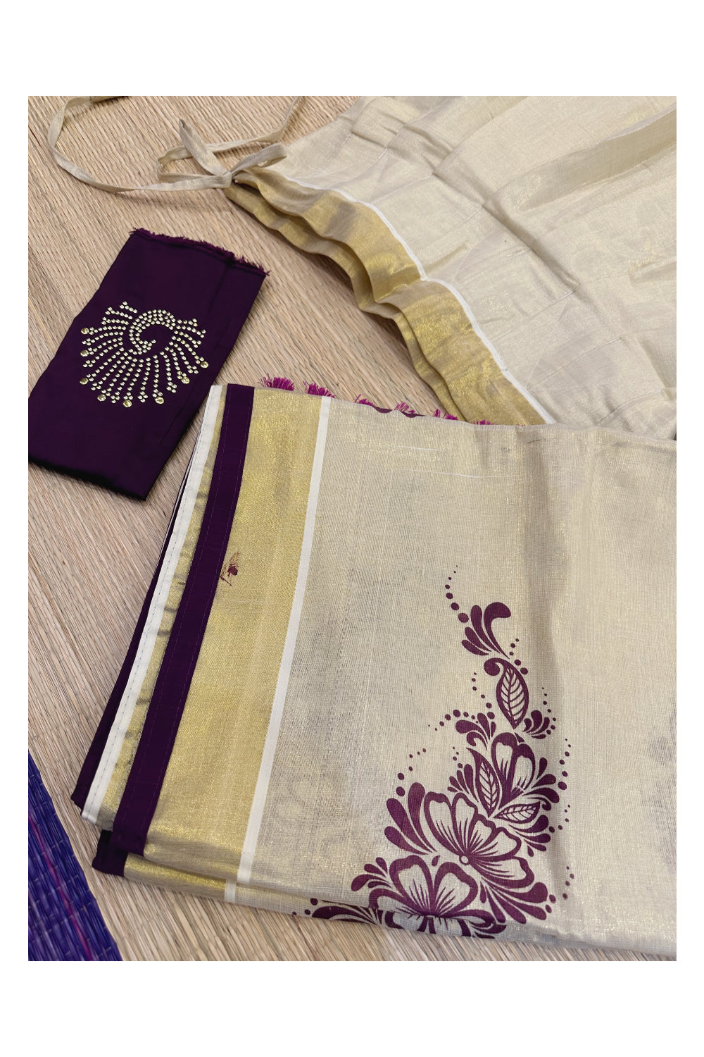 Kerala Tissue Semi Stitched Dhavani Set with Block Print Pavada and Purple Blouse Piece