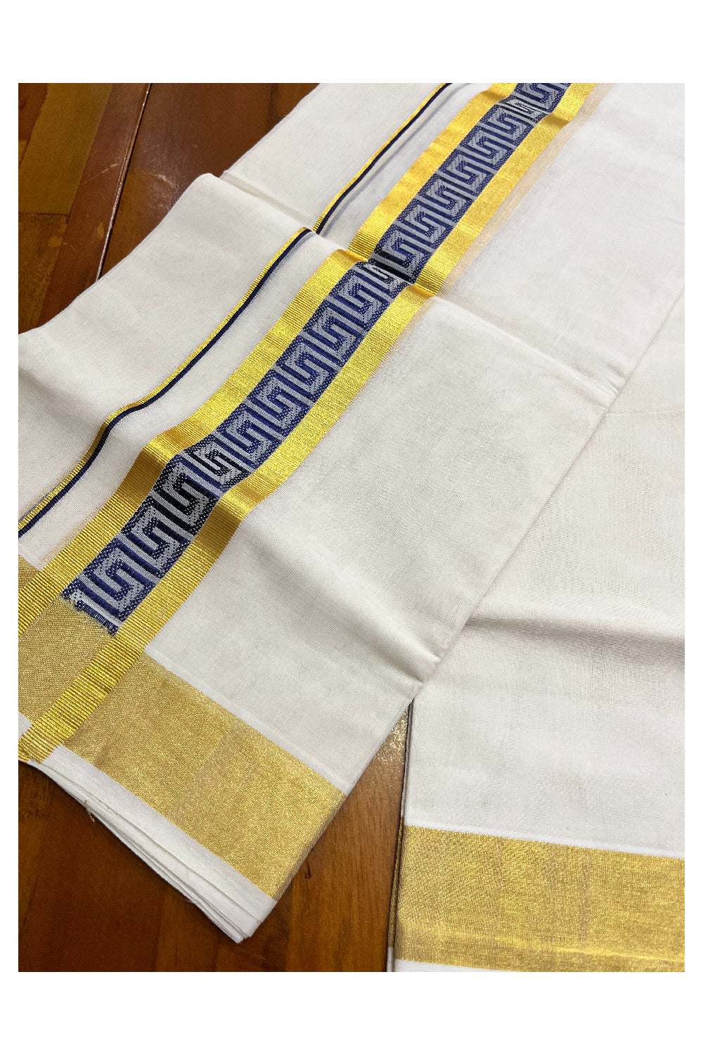 Southloom Premium Handloom Pure Cotton Mundu with Golden and Blue Kasavu Woven Border