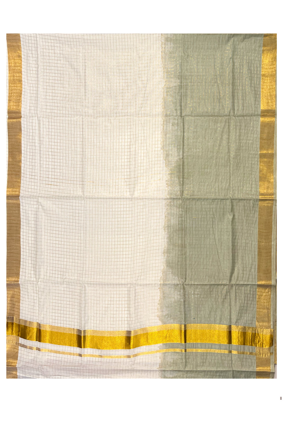 Southloom Cotton Tie & Dye - Half & Half Green Design Saree with Kasavu Checks Across Body