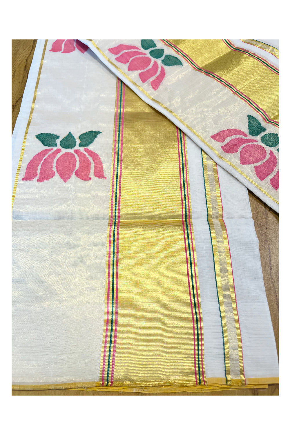 Southloom Super Premium Balaramapuram Handloom Pure Cotton Unakkupaavu Pink Lotus Design Wedding Pudava Set Mundu