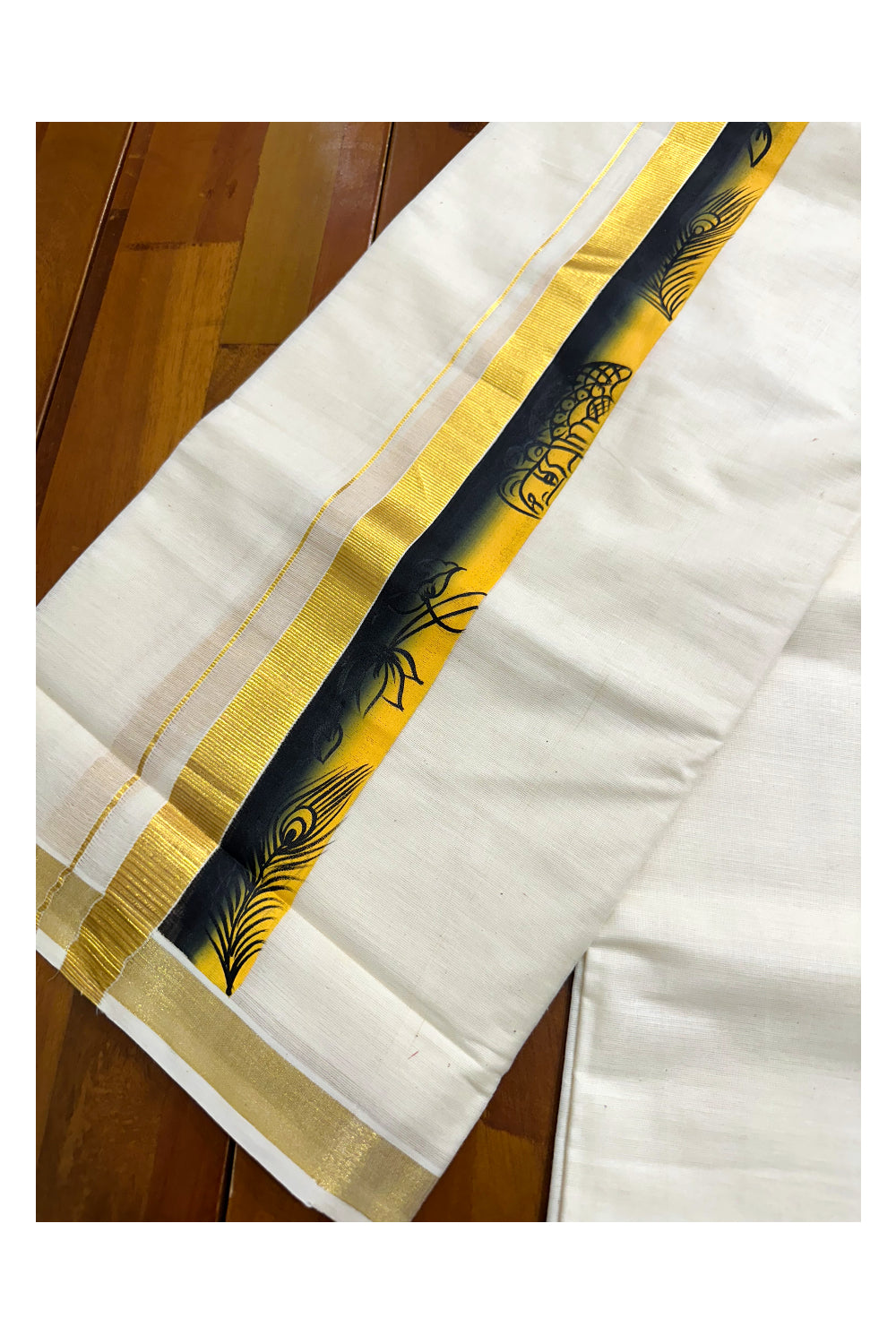 Kerala Pure Cotton Double Mundu with Hand Painted Designs on Kasavu Border(South Indian Kerala Dhoti)