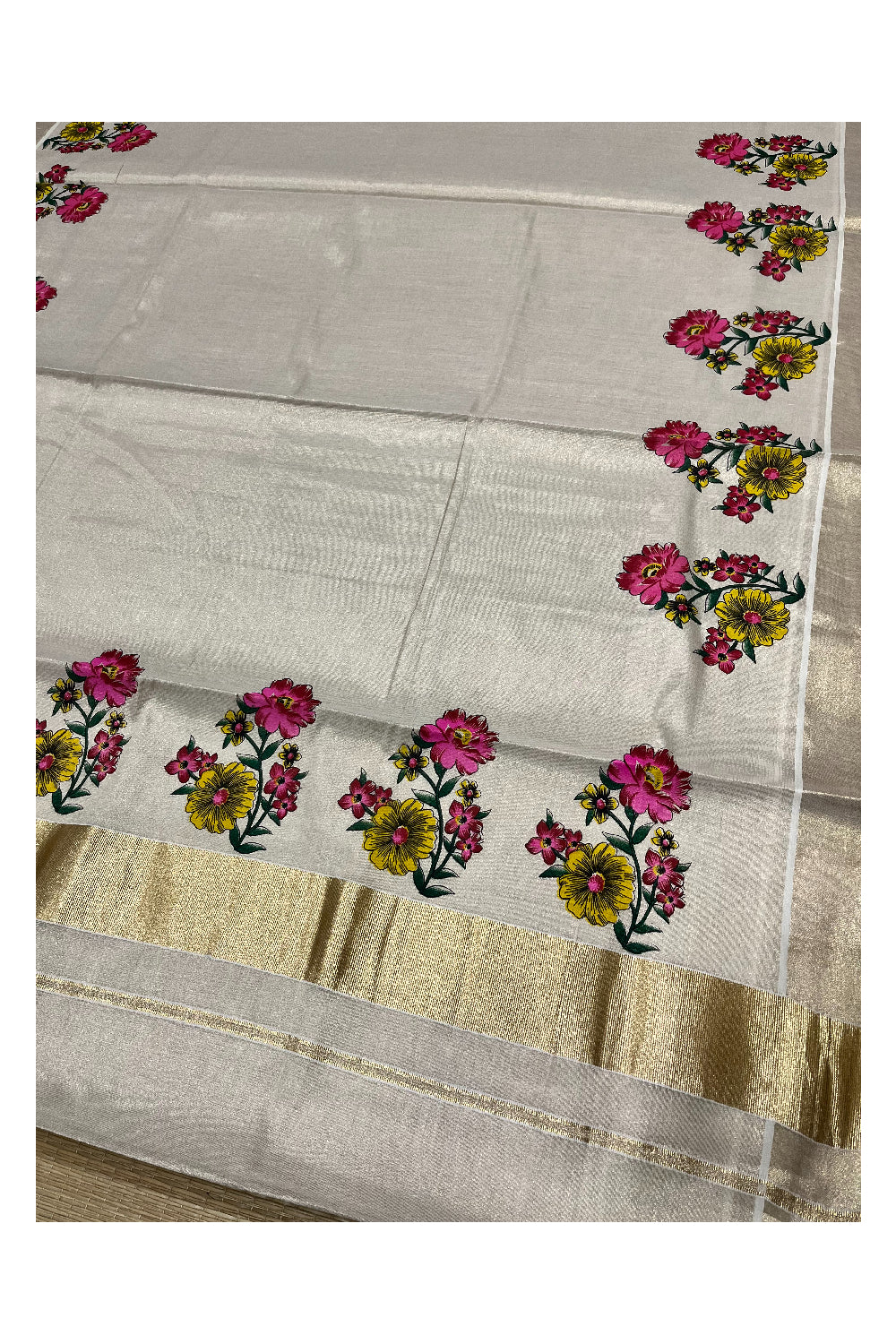 Kerala Tissue Kasavu Saree with Floral Block Printed Designs (Vishu 2024 Collection)