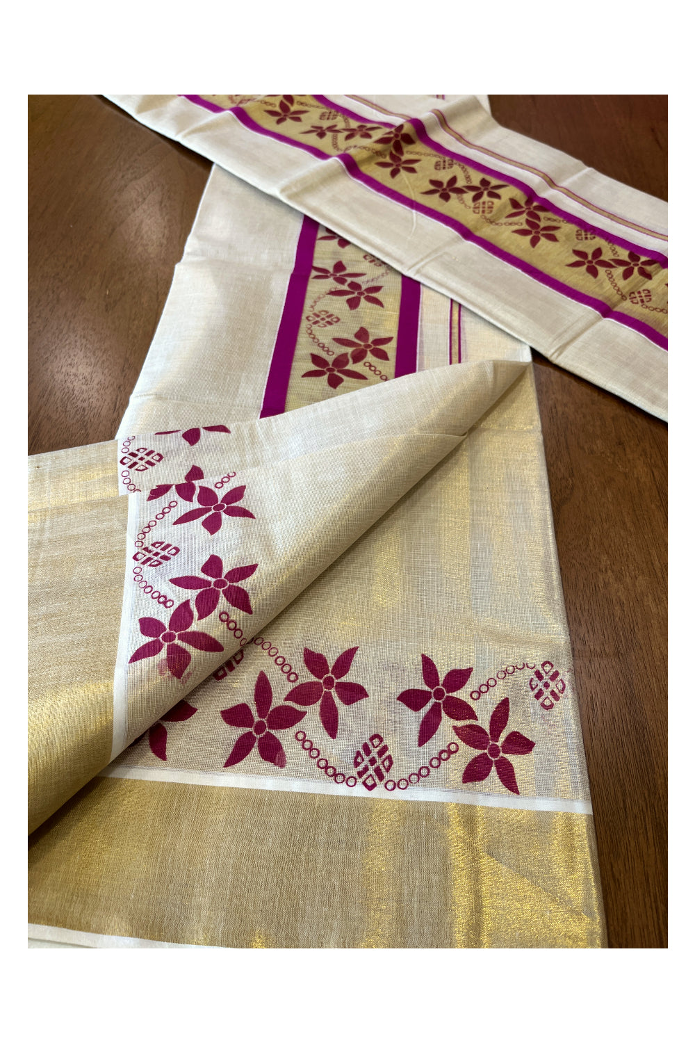 Kerala Tissue Set Mundu (Mundum Neriyathum) with Magenta Floral Block Prints on Border 2.80 Mtrs