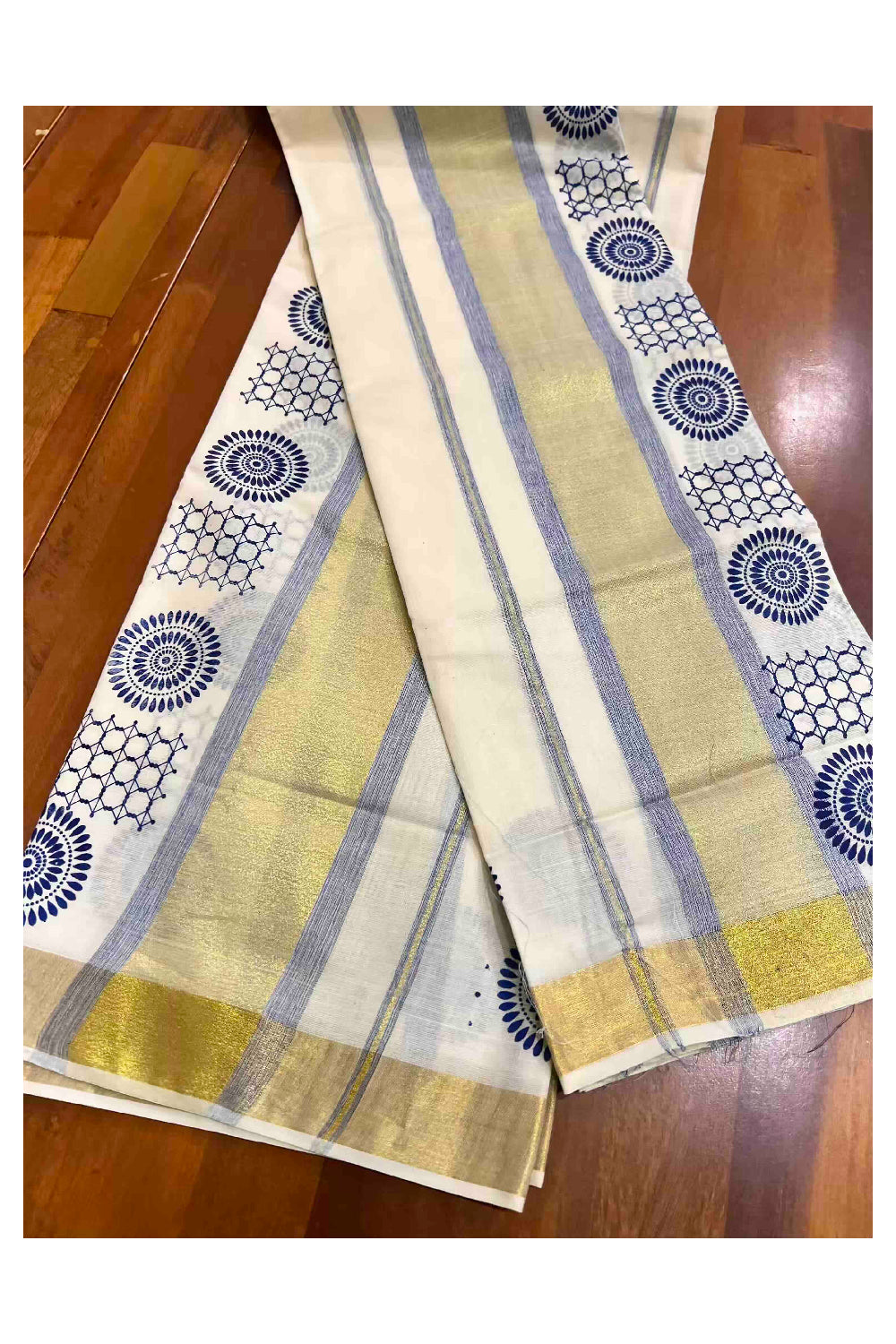 Kerala Cotton Single Set Mundu (Mundum Neriyathum) with Dark Blue Block Prints with Kasavu Border  - 2.80Mtrs