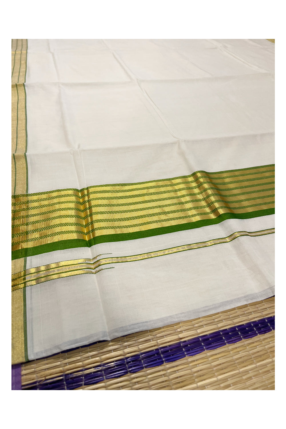 Southloom Premium Handloom Cotton Saree with Kasavu and Green Border