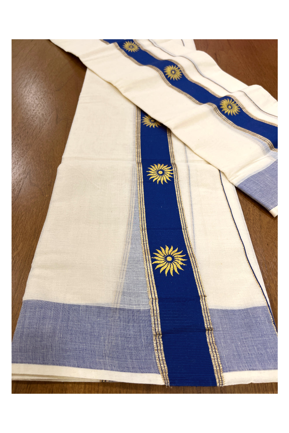 Cotton Single Set Mundu (Mundu Neriyathum) with Golden Block Prints on Blue Border