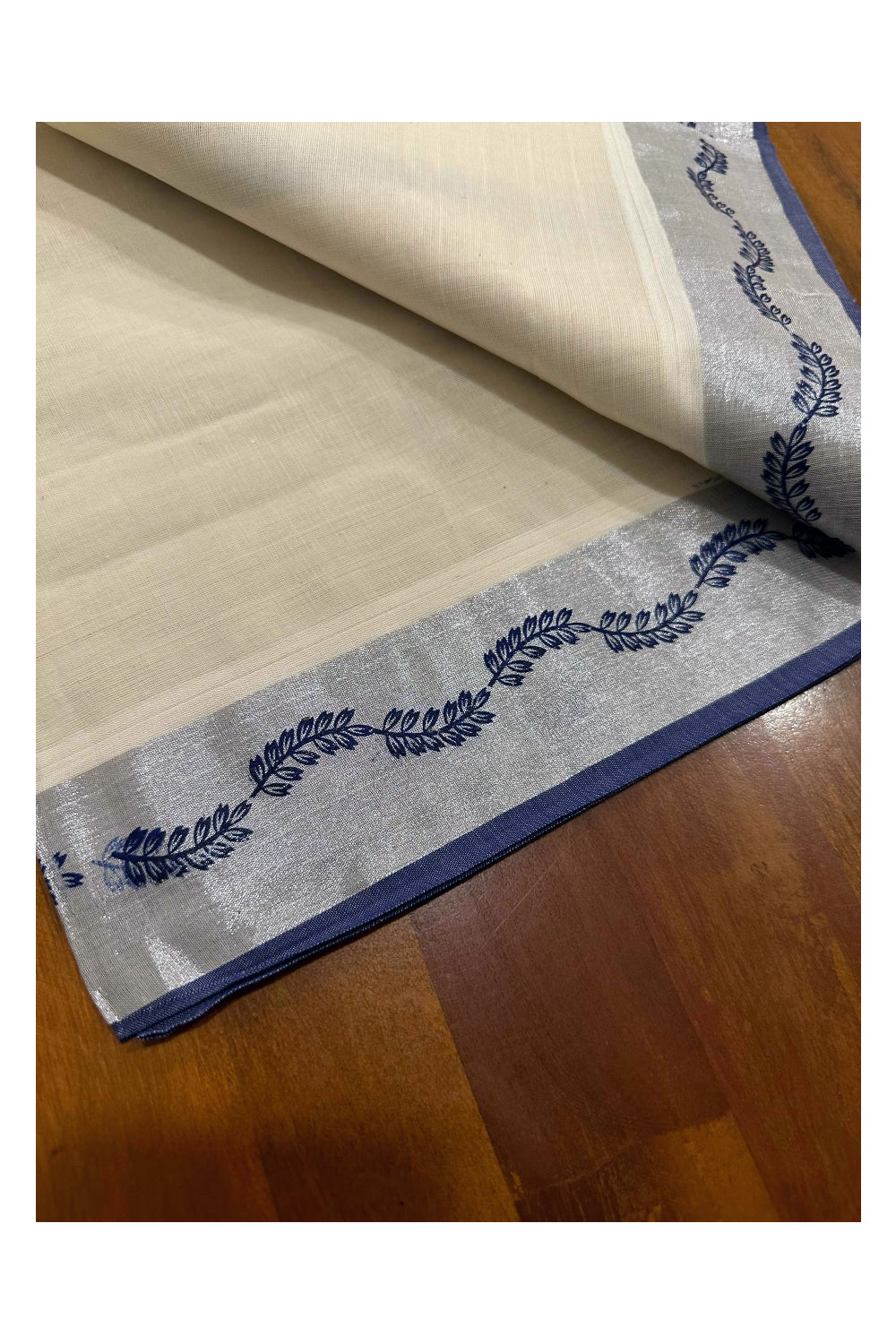 Kerala Cotton Single Set Mundu (Mundum Neriyathum) with Blue Block Prints and Silver Kasavu Border 2.80 Mtrs (Onam set Mundu 2023)