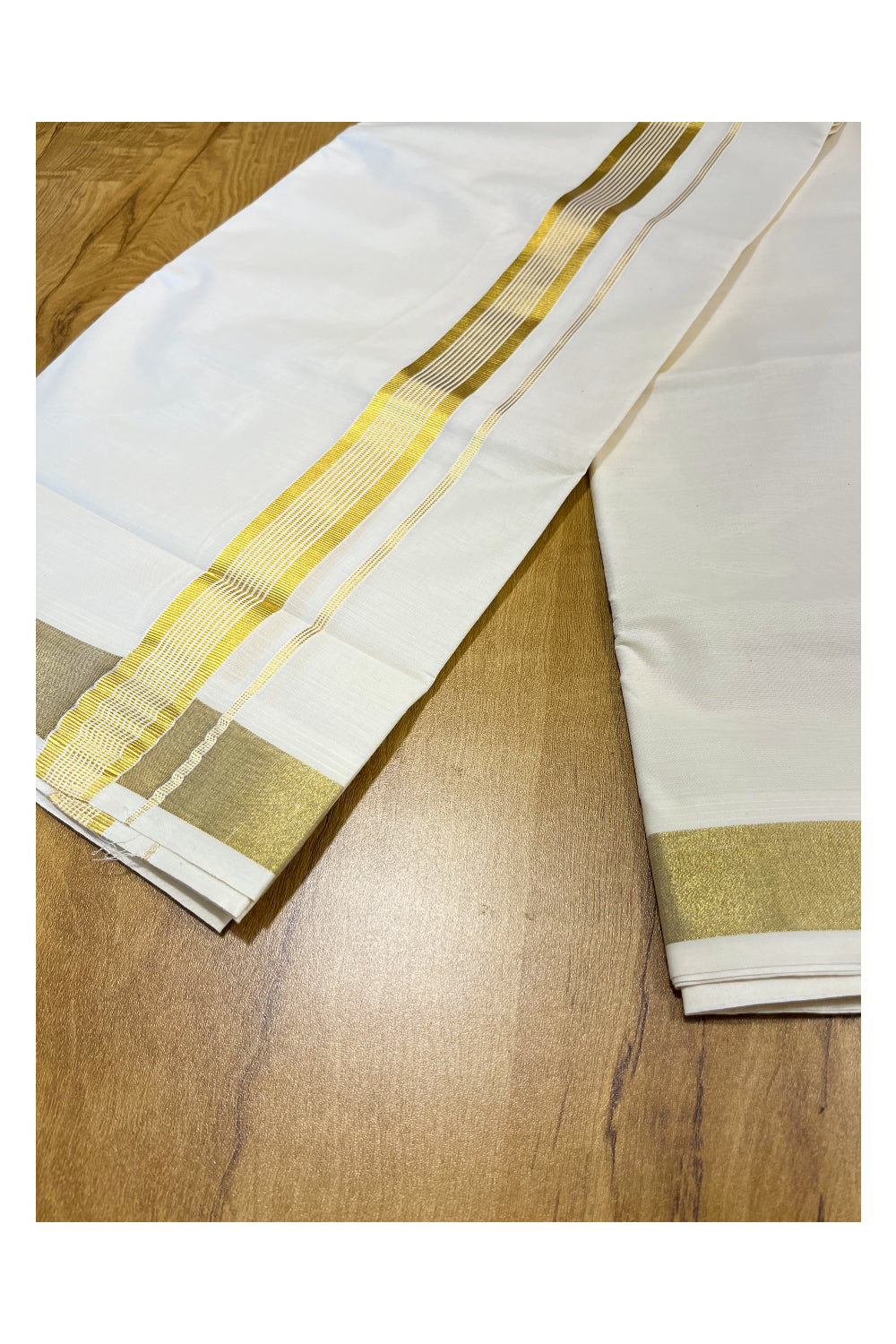 Pure Cotton Off White Double Mundu with Kasavu Lines Kara (South Indian Kerala Dhoti)