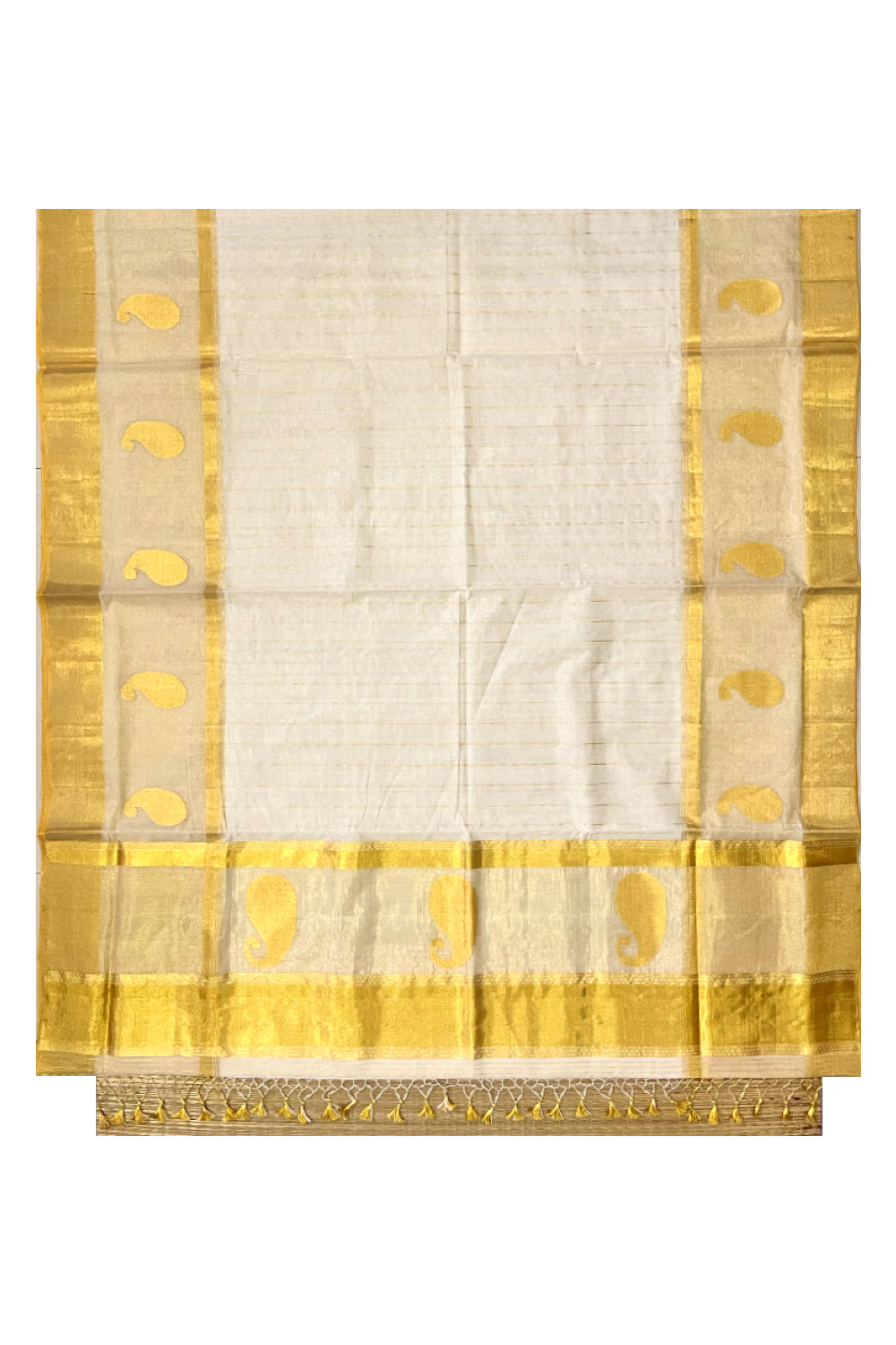 Southloom™ Balaramapuram Premium Handloom Kasavu Tissue Saree with Handwoven Paisley Designs