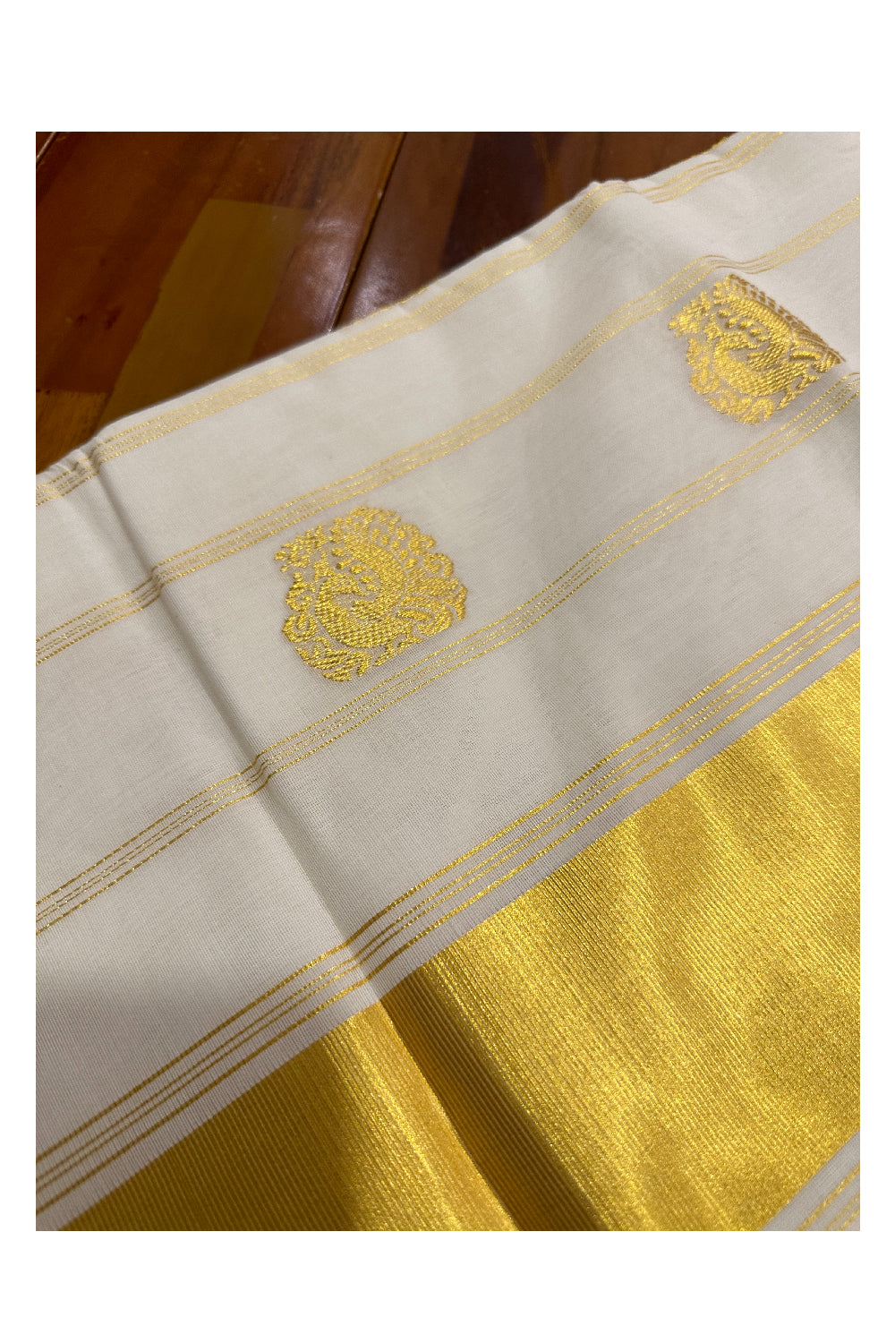 Southloom Premium Handloom Cotton Saree with Kasavu Peacock Woven Motifs