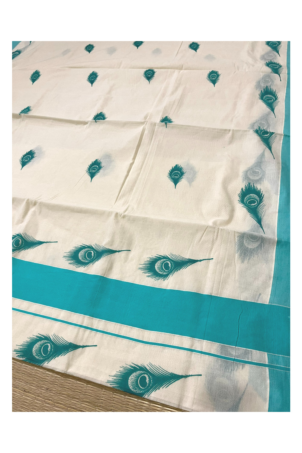 Pure Cotton Kerala Saree with Turquoise Feather Block Printed Border (Onam Saree 2023)