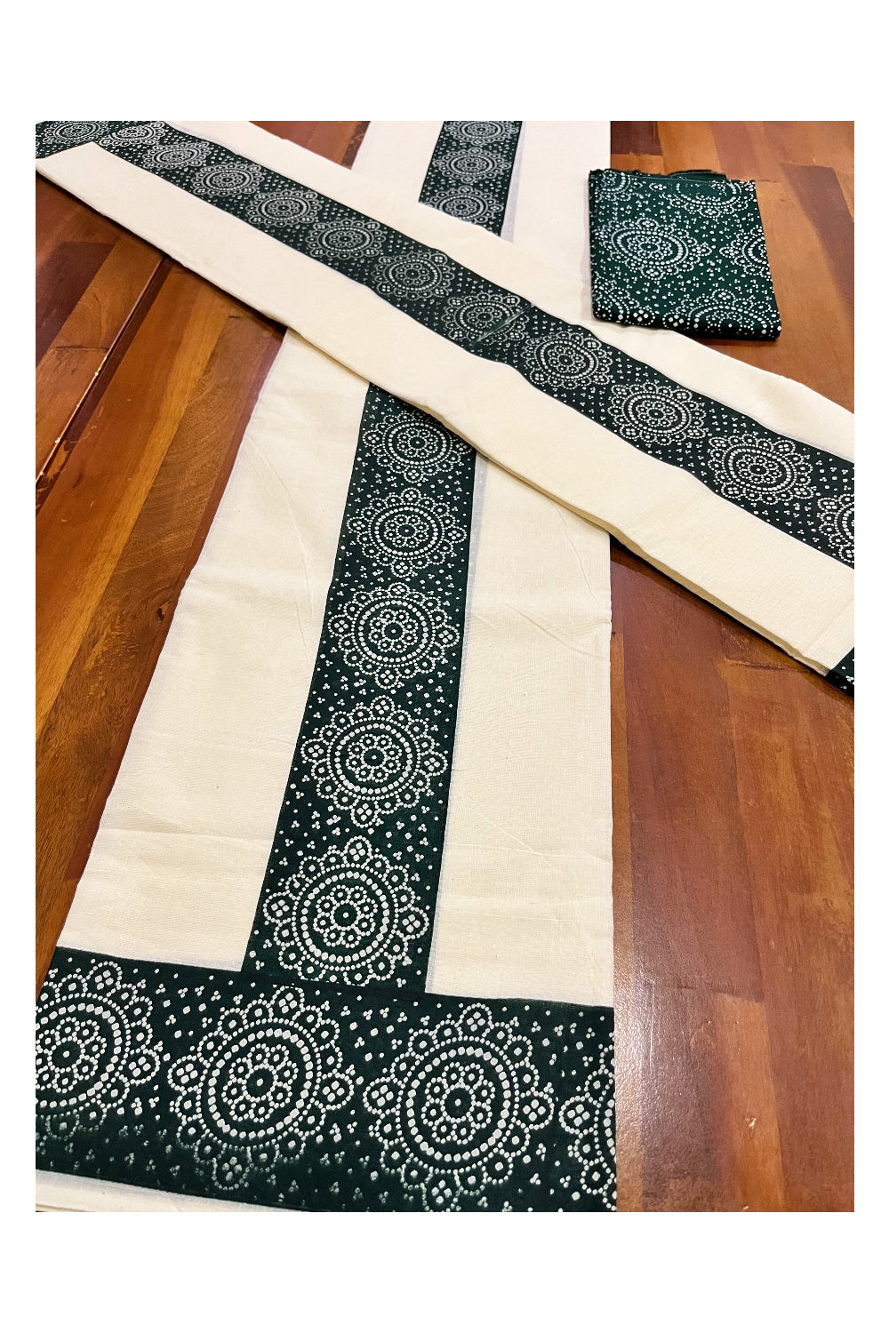 Kerala Cotton Set Mundu (Mundum Neriyathum) with Dark Green Block Prints and Seperate Blouse Piece