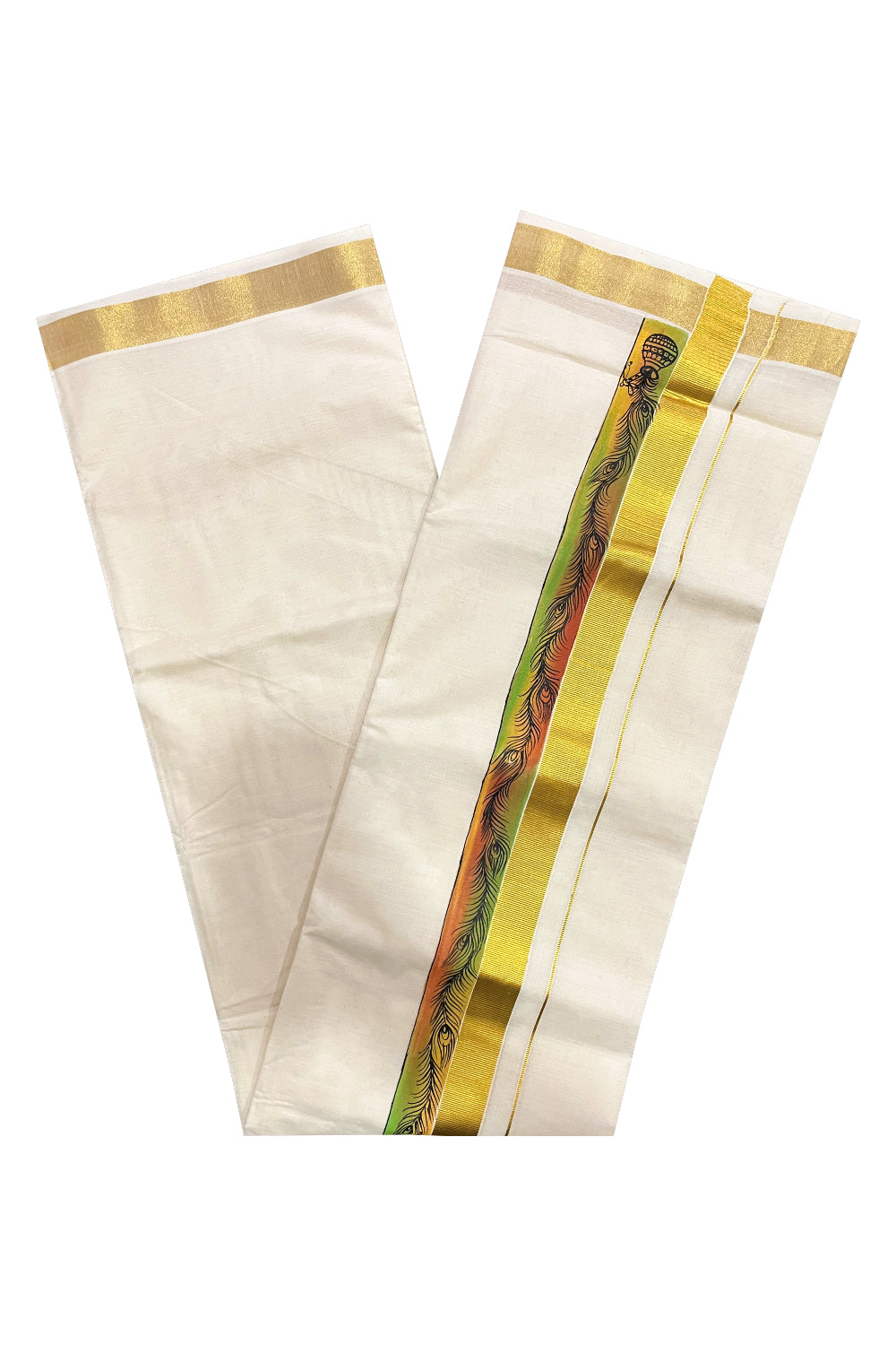 Kerala Pure Cotton Double Mundu with Mural Painted Design on Kasavu Border (South Indian Kerala Dhoti)