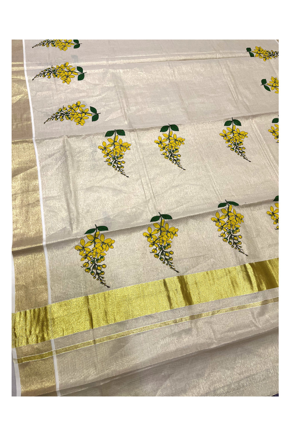 Kerala Tissue Kasavu Saree with Floral Prints on Body With Seperate Floral Printed Blouse