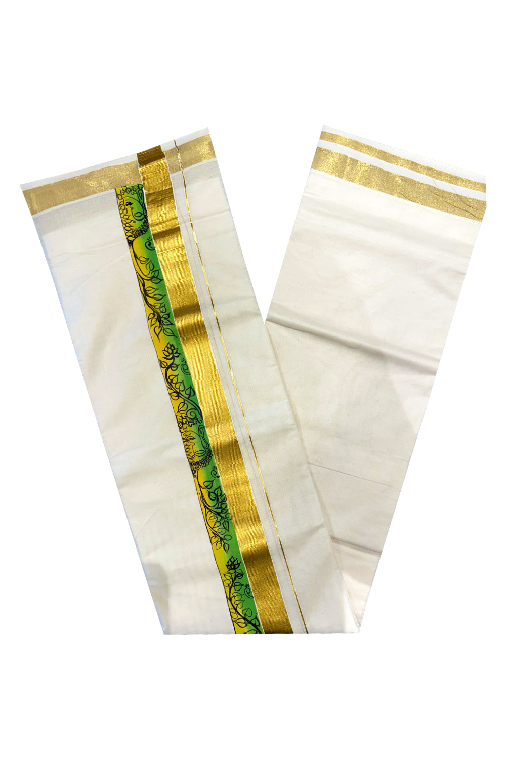 Kerala Pure Cotton Double Mundu with Mural Painted Design on Kasavu Border (South Indian Kerala Dhoti)