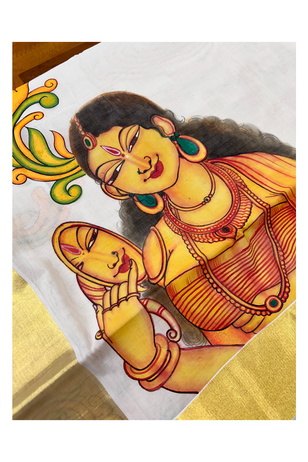 Southloom™ Premium Handloom Kerala Kasavu Saree With Hand Painted Mural Lady Design (Vishu 2024 Collection)