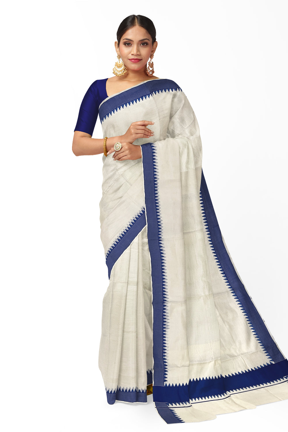 Kerala Pure Cotton Saree with Blue Temple Block Prints on Border