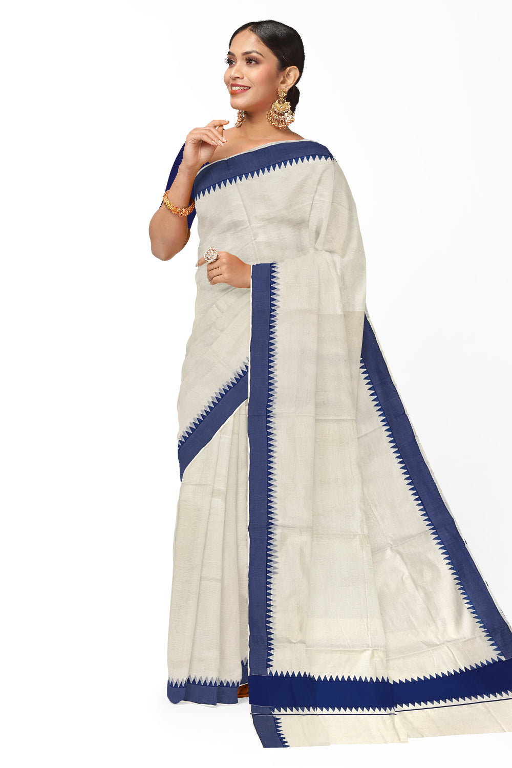 Kerala Pure Cotton Saree with Blue Temple Block Prints on Border