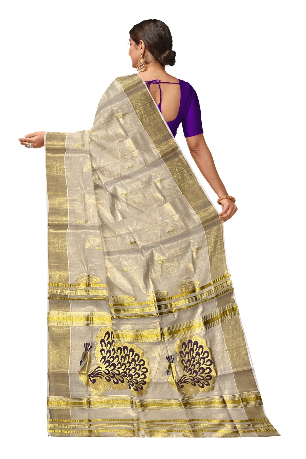 Kerala Tissue Kasavu Saree with Golden and Violet Heavy Woven Works (Onam Saree 2023)