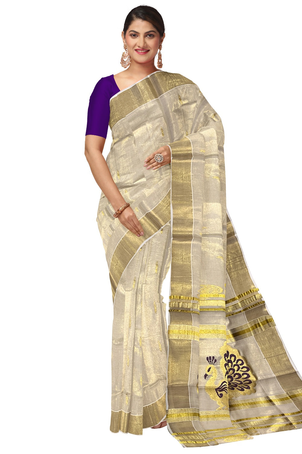 Kerala Tissue Kasavu Saree with Golden and Violet Heavy Woven Works (Onam Saree 2023)