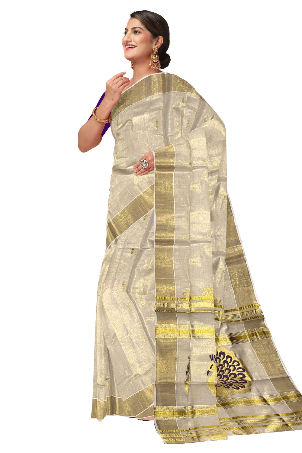 Kerala Tissue Kasavu Saree with Golden and Violet Heavy Woven Works (Onam Saree 2023)