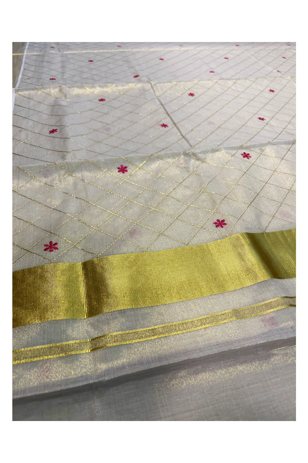 Kerala Tissue Kasavu Check Saree with Pink Flower Embroidery Works