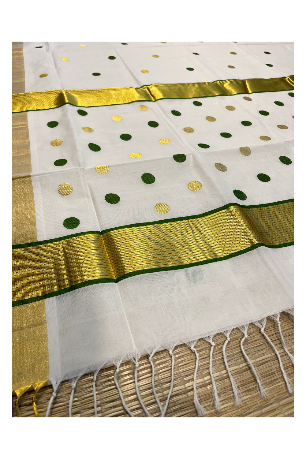 Southloom Premium Handloom Kasavu Saree with Green and Golden Polka Woven Designs Across Body