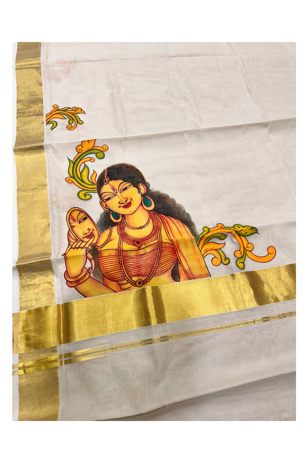 Southloom™ Premium Handloom Kerala Kasavu Saree With Hand Painted Mural Lady Design (Vishu 2024 Collection)